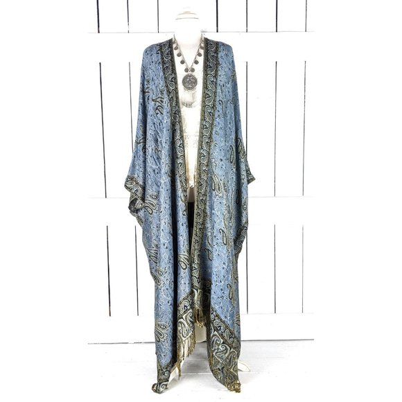 MAXI Grey blue paisley pashmina kimono cover up cardigan jacket - Picture 7 of 7